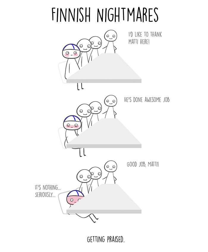 Finnish Nightmares comic demonstrates the potential awkwardness of being praised at work