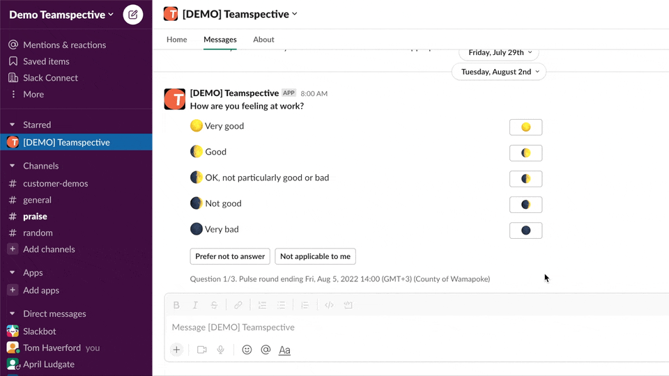 Answering a Teamspective Pulse survey directly in Slack and adding a question-specific comment (always optional).